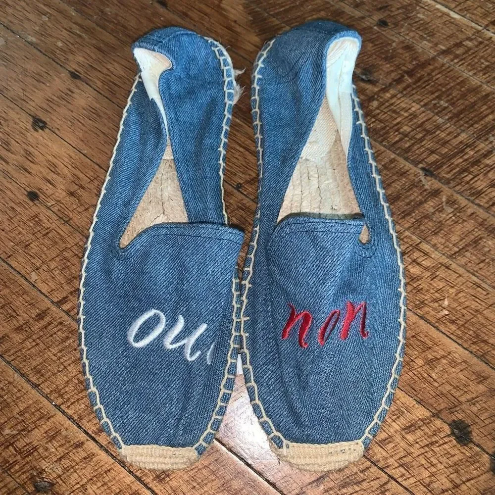 Soludos denim blue embroidered Oui Non raffia slip on shoes